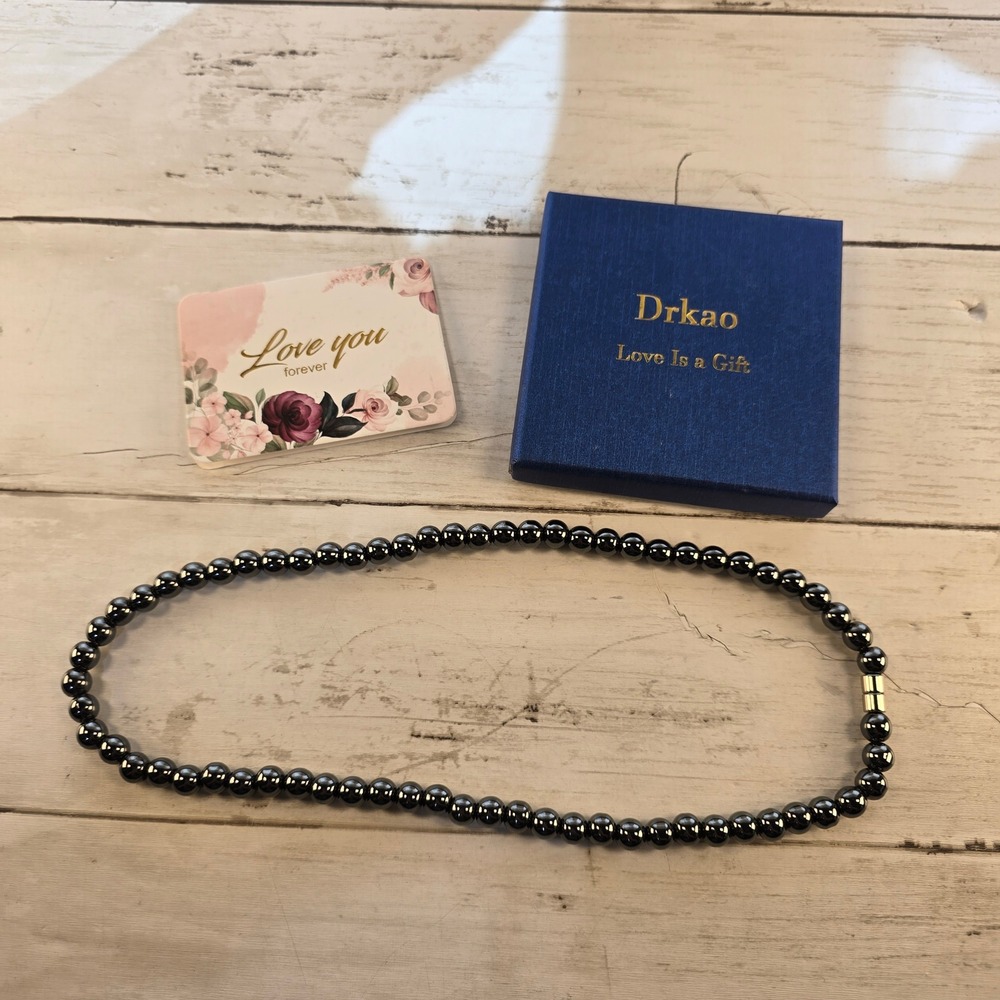 NEW Drkao Magnetic Hematite Bead Necklace Gunmetal Grey Metallic Stone Strand